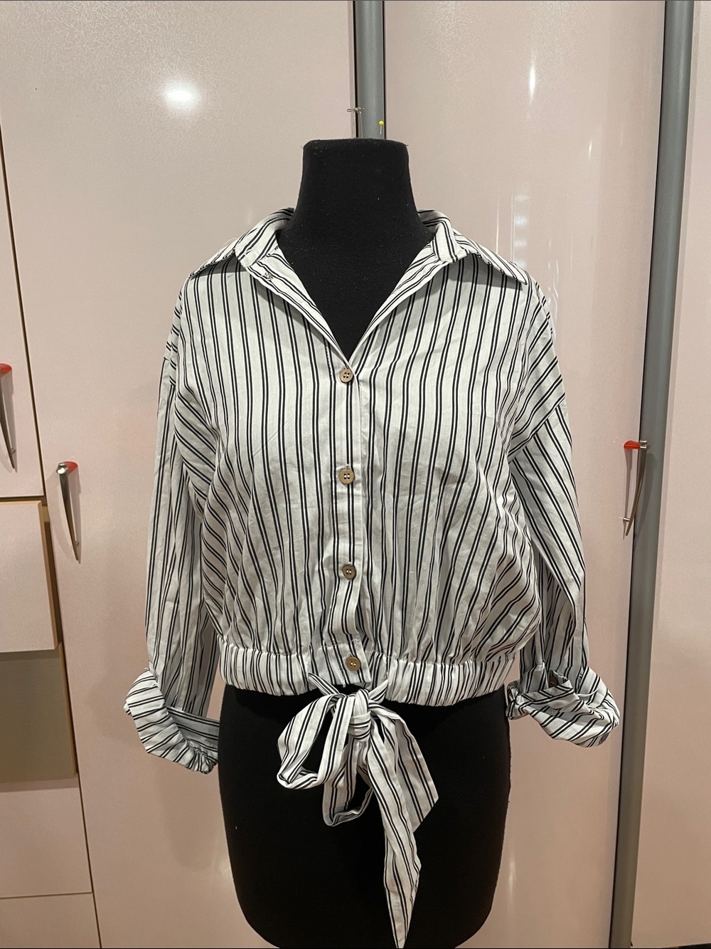 Women's Black & White Striped Tie-Front Button Shirt